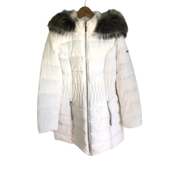 LAUNDRY BY SHELLI SEGAL NWOT Size L White Puffer Coat Detachable Gray Faux Fur - Picture 3 of 14